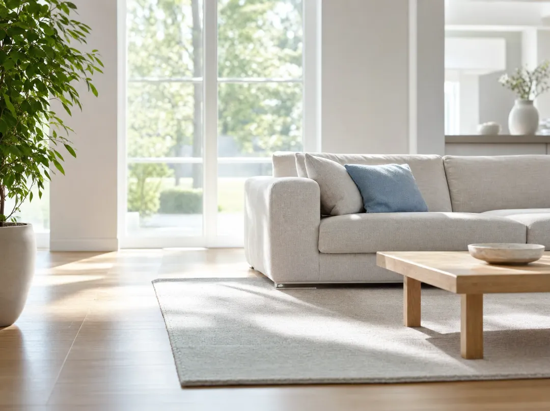 Sunlit living room with a linen sofa, a light blue pillow and light oak floors