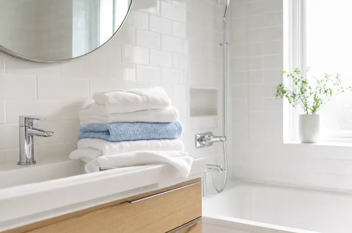 Spotless white tile bathroom with folded towels and gleaming chrome fixtures