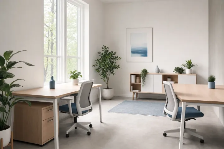 Small tidy office with light wood desks, blue chairs and tall windows