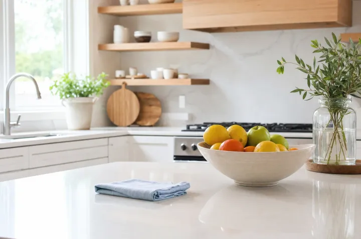 Tidy white kitchen with quartz counters, a bowl of fruit and a folded light blue towel